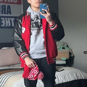 STEVE AND BARRY Wisconsin Badgers NCAA Red Faux Leather Varsity Jacket